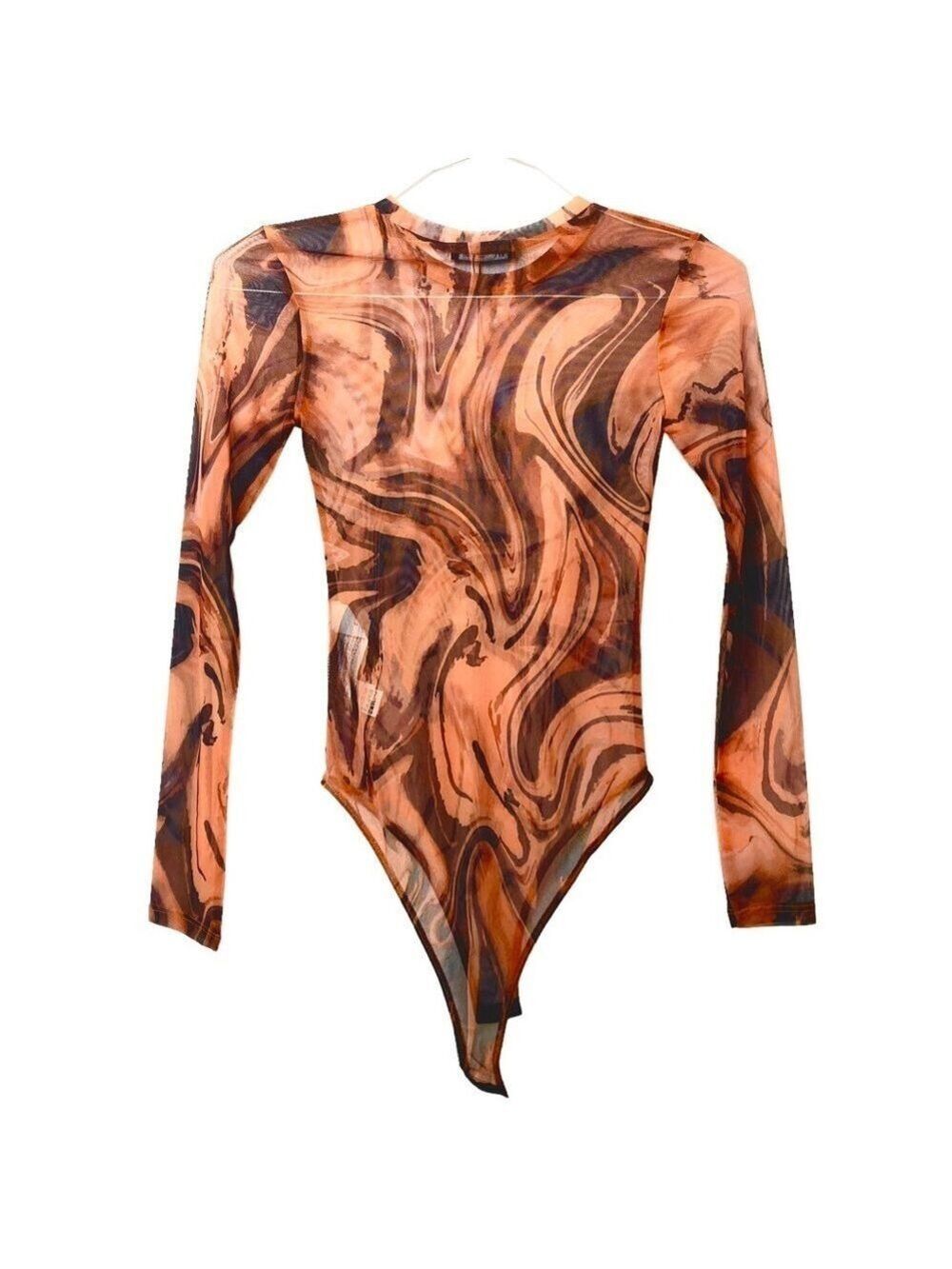 Zara New Sheer Mesh Fluid Print Bodysuit S Long Sleeve Y2K Indie Sleaze Brown - Picture 3 of 4